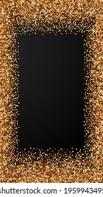 Red round gold glitter luxury sparkling confetti. Scattered small gold particles on black background. Enchanting festive overlay template. Terrific vector background.