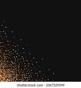 Red round gold glitter. Messy bottom left corner on black background. Magnificent vector illustration.