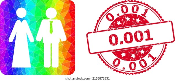 Red round grunge 0.001 stamp seal and low-poly newlyweds icon with rainbow colorful gradient. Triangulated rainbow colorful newlyweds polygonal icon illustration with 0.001 dirty round red stamp seal.