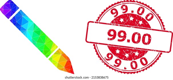 Red round grunge 99.00 stamp seal and lowpoly pencil icon with spectral colored gradient. Triangulated spectrum vibrant pencil polygonal icon illustration with 99.00 scratched round red stamp seal.