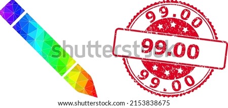 Red round grunge 99.00 stamp seal and lowpoly pencil icon with spectral colored gradient. Triangulated spectrum vibrant pencil polygonal icon illustration with 99.00 scratched round red stamp seal.