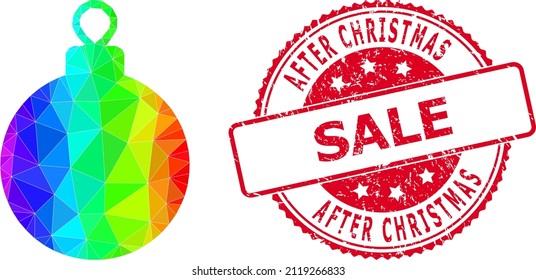 Red round grunge AFTER CHRISTMAS SALE seal and low-poly christmas ball icon with spectrum colorful gradient.