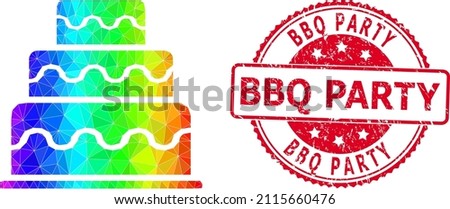 Red round grunge BBQ PARTY stamp seal and lowpoly cake icon with spectrum colored gradient. Triangulated spectral vibrant cake polygonal icon illustration with BBQ Party corroded round red seal print.