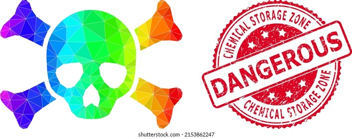 Red round grunge CHEMICAL STORAGE ZONE DANGEROUS seal and low-poly death skull icon with spectral colored gradient.
