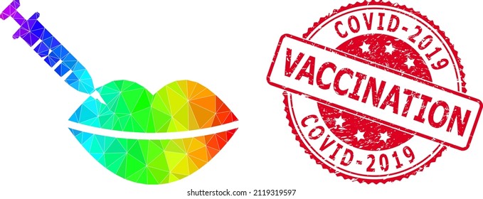 Red round grunge COVID-2019 VACCINATION seal and lowpoly botox lips injection icon with rainbow vibrant gradient. Triangulated rainbow vibrant botox lips injection polygonal 2d illustration.