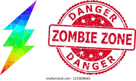 Red round grunge DANGER ZOMBIE ZONE badge and lowpoly electric spark icon with spectrum colored gradient.