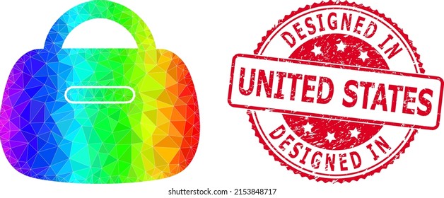 Red round grunge DESIGNED IN UNITED STATES stamp seal and lowpoly handbag icon with spectral colorful gradient. Triangulated spectral colorful handbag polygonal 2d illustration.