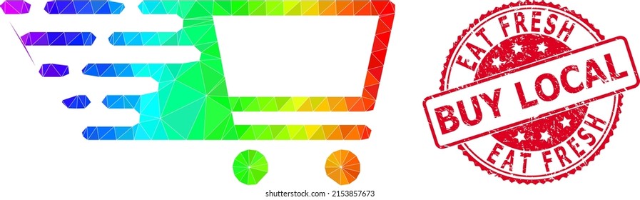 Red round grunge EAT FRESH BUY LOCAL badge and lowpoly shopping cart icon with spectrum colored gradient. Triangulated spectral colored shopping cart polygonal icon illustration.