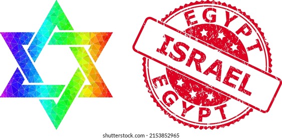 Red round grunge EGYPT ISRAEL stamp and lowpoly david star icon with spectrum colorful gradient. Triangulated spectrum colorful david star polygonal 2d illustration.