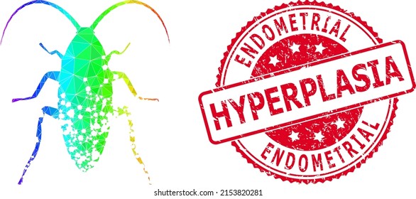 Red round grunge ENDOMETRIAL HYPERPLASIA badge and lowpoly damaged cockroach icon with spectral colorful gradient. Triangulated spectral vibrant damaged cockroach polygonal 2d illustration.
