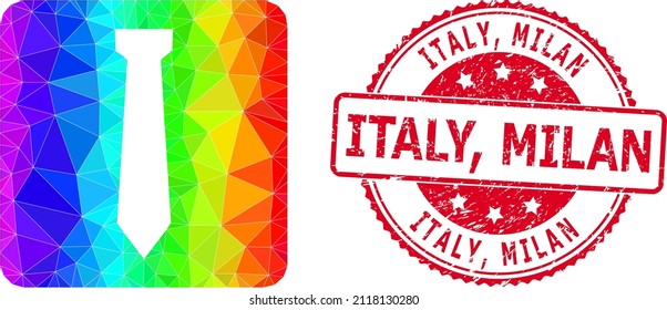 Red round grunge ITALY, MILAN seal and lowpoly tie icon with spectrum colored gradient. Triangulated spectrum colored tie polygonal icon illustration with Italy, Milan grunge round red badge.