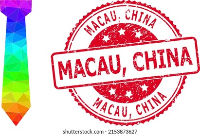 Red round grunge MACAU, CHINA badge and lowpoly tie icon with spectral colorful gradient. Triangulated spectral colorful tie polygonal icon illustration. and Macau, China unclean round red seal print.