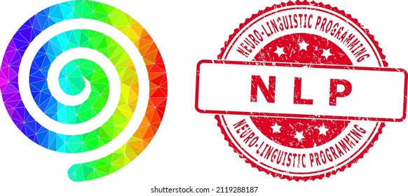 Red round grunge NEURO-LINGUISTIC PROGRAMMING N L P stamp seal and low-poly hypnosis spiral icon with spectrum colorful gradient.