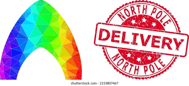 Red round grunge NORTH POLE DELIVERY seal and lowpoly igloo home icon with rainbow colored gradient. Triangulated rainbow colored igloo home polygonal icon illustration.