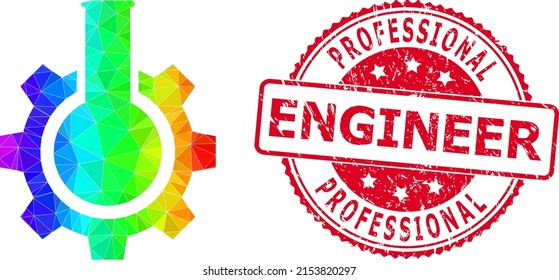 Red round grunge PROFESSIONAL ENGINEER badge and lowpoly chemical industry icon with spectrum vibrant gradient. Triangulated rainbow colorful chemical industry polygonal icon illustration.