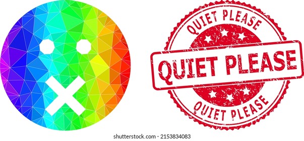 Red round grunge QUIET PLEASE stamp seal and lowpoly silence smiley icon with rainbow vibrant gradient. Triangulated spectral vibrant silence smiley polygonal icon illustration.
