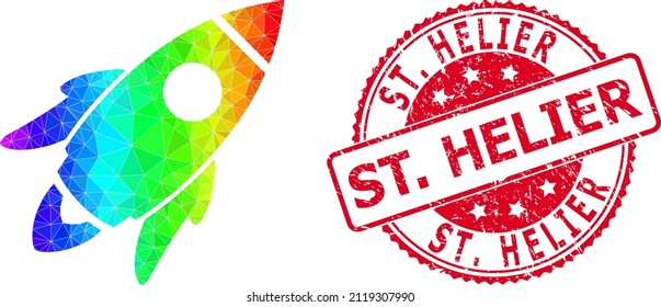 Red round grunge ST. HELIER seal and low-poly space rocket icon with spectral colorful gradient. Triangulated spectrum vibrant space rocket polygonal symbol illustration with St.
