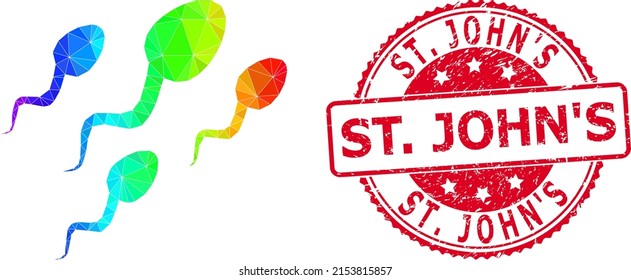 Red round grunge ST. JOHN'S seal and low-poly sperm cells icon with spectral vibrant gradient. Triangulated spectral colored sperm cells polygonal 2d illustration with St.
