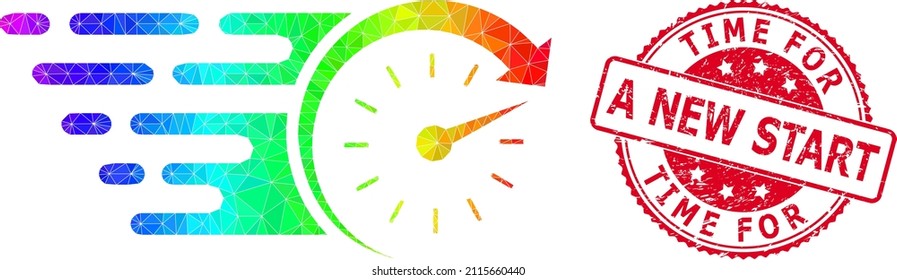 Red round grunge TIME FOR A NEW START stamp and lowpoly time icon with rainbow vibrant gradient. Triangulated rainbow colorful time polygonal 2d illustration.