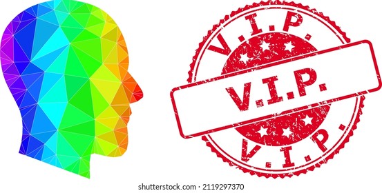 Red round grunge V.I.P. stamp and lowpoly gentleman profile icon with spectral colorful gradient. Triangulated spectral colorful gentleman profile polygonal icon illustration with V.I.P.