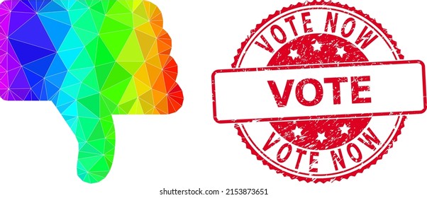 Red round grunge VOTE NOW stamp seal and low-poly thumb down icon with spectrum vibrant gradient. Triangulated spectral colored thumb down polygonal symbol illustration.