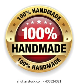 Red round handmade badge, button with gold border on white background