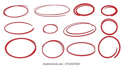 Roter runder Textmarker. Handgezeichnete Kreisrahmen. Wichtige Notizen durch Kreisen hervorheben. Ellipsen und Kugeln im Doodle-Skizzenstil, Vektorelemente
