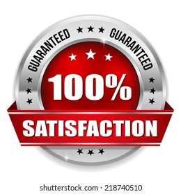 Red round hundred percent satisfaction badge with ribbon