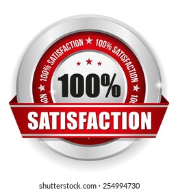 Red round hundred percent satisfaction badge with ribbon