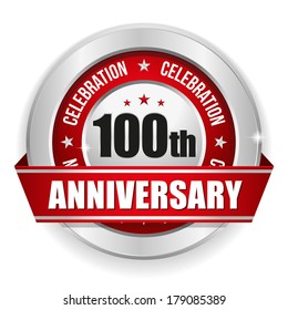 Red round hundred year anniversary badge with ribbon