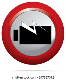 Red round icon with battery and flash. Isolated button vector.