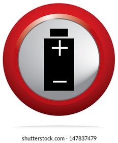 Red round icon with battery. Isolated vector button.