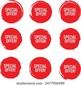 Red round icon set of a sale, special offer as a tag sticker, button, stamp, coupon, ribbon, mark, label. Isolated on a transparent background. Simple flat design	