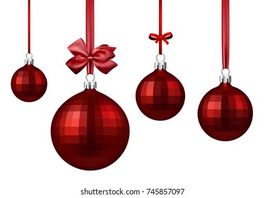 Red round isolated Christmas balls with satin bow. Vector illustration.