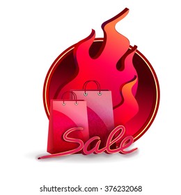 Red round label with the flame and shopping bags. Below is the inscription word "Sale".