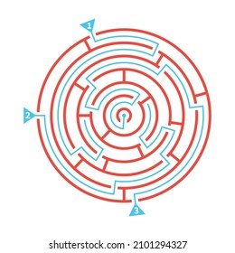 Red round labyrinth with three marked solution paths flat vector illustration