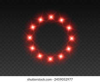 Red round light effect frame, illuminate ring with lamps isolated on transparent background. Magic fantasy portal, teleport. Vector cosmic vibrant circle border. Glowing neon bulbs