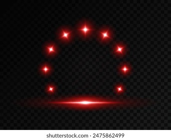 Marco de efecto de luz redonda roja, iluminar el anillo con lámparas aisladas sobre fondo transparente. Portal de fantasía mágica, teletransportación. Vector cósmico vibrante borde circular. Bombillas de neón brillantes