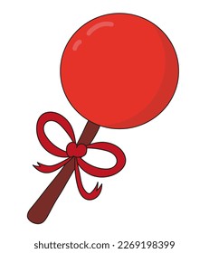 Red round lollipop with ribbon. Candy vector illustration. Dessert sweet food sticker icon.