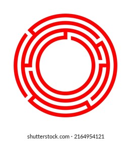 Red round maze symbol vector illustration with a white background. Circle labyrinth icon stock image. Maze  puzzle simple logo.