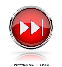 Red round media button. FAST FORWARD button. Shiny icon with chrome frame and with reflection. Vector 3d illustration on white background