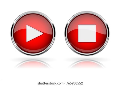 Red round media buttons. PLAY and STOP buttons. Shiny icon with chrome frame and with reflection. Vector 3d illustration on white background