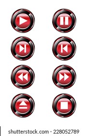 Red round media player buttons and audio player isolated on background