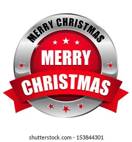 Red round merry christmas button with ribbon