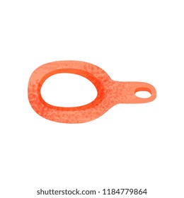 Red round mini dish with handle. Ceramic plate for serving food. Vintage earthenware. Flat vector icon with texture