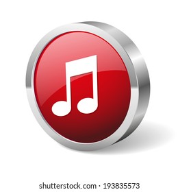 Red round music button with metallic border on white background