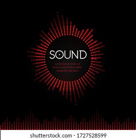 Red Round Musical Sound Logo. Soundtrack Recording Logotype. Music Play Back Circle Vector Illustration. Tunes Application Icon On Black Background. Musical Studio Record Icon. Audio Track Symbol.