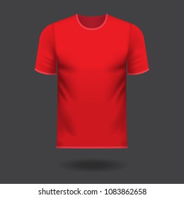 Red round neck tee shirt in generic color on grey background with drop shadow
