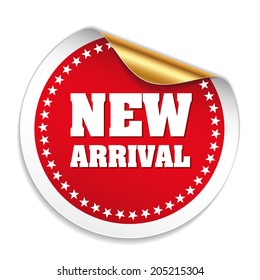 Red Round New Arrival Sticker With Gold Peel On White Background