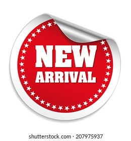 Red Round New Arrival Sticker With Gold Peel On White Background